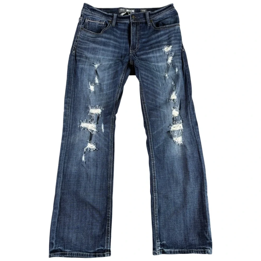 BKE Jake Jeans Mens 34R Blue Distressed Bootcut Grunge Denim Western Cowboy
